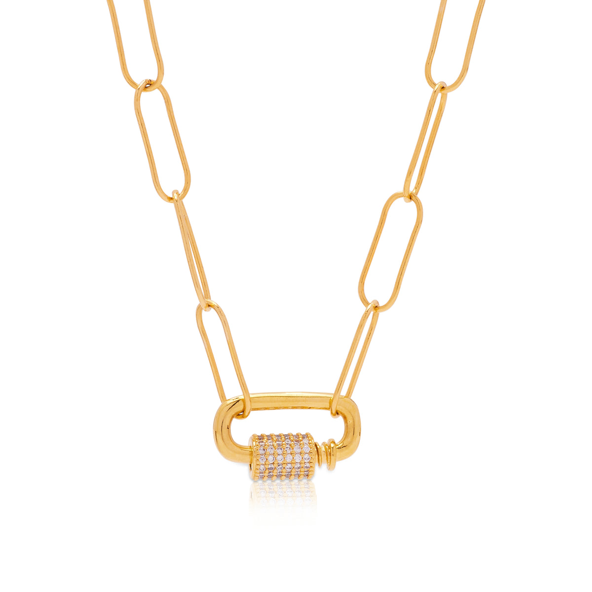 14kt gold full diamond love lock necklace on paperclip chain
