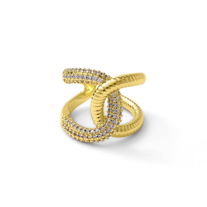 A gold-plated adjustable ring with CZ details and textured metal, displayed against a white background.