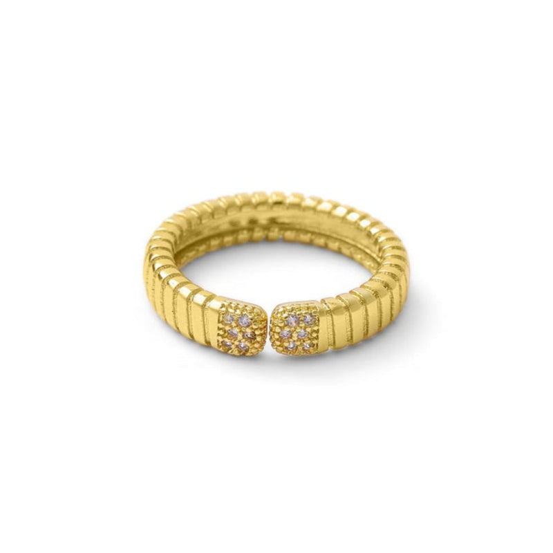 Adjustable stacking ring with gold-plated brass and textured metal design, featuring CZ accents