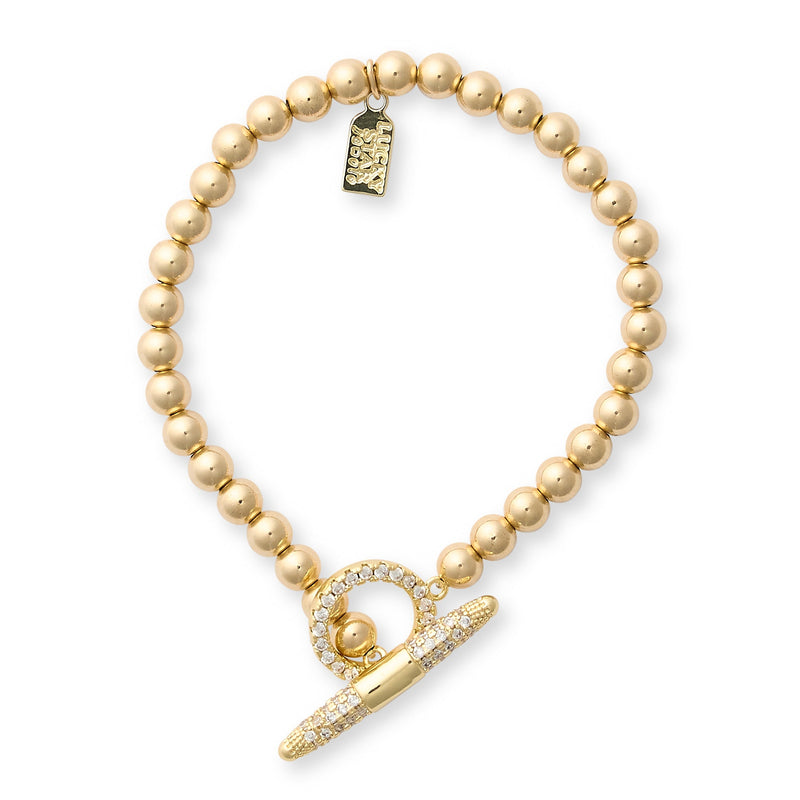 Gold beaded bracelet with a gold clasp on a white background