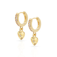 A pair of gold-plated hoop earrings with heart-shaped pendants and genuine CZ accents