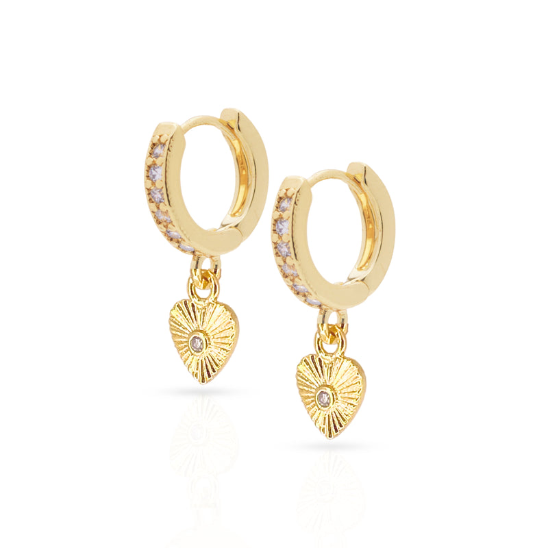 A pair of gold-plated hoop earrings with heart-shaped pendants and genuine CZ accents