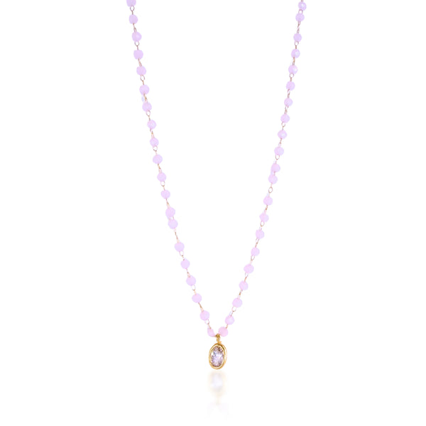 Pink Quartz beaded necklace with solitaire oval pendant. 16