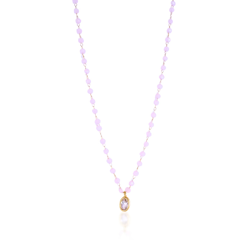 Pink Quartz beaded necklace with solitaire oval pendant. 16