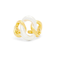 Gold and silver-plated over brass adjustable mixed media ring with a geometric design.
