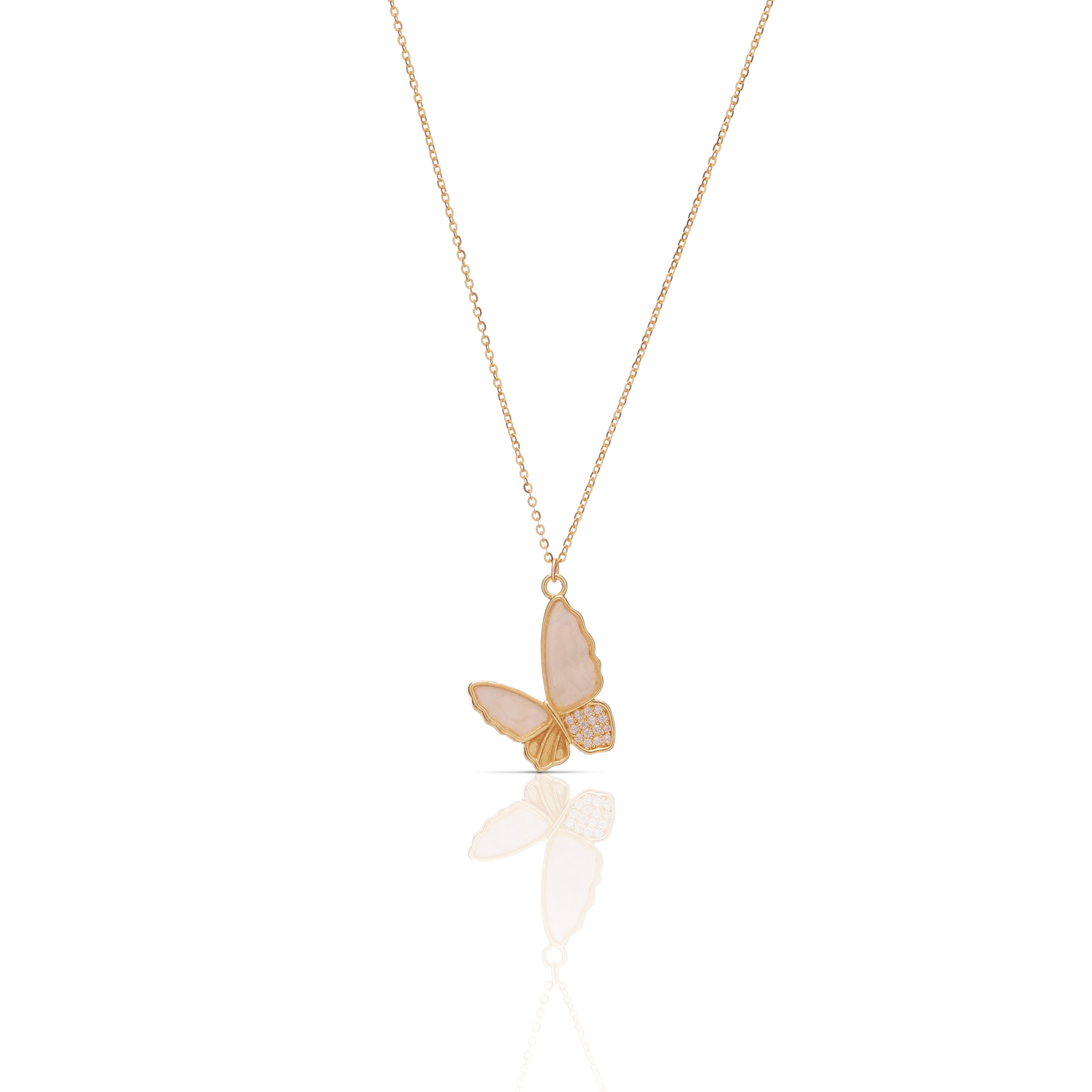 14K Yellow Gold Mother Of Pearl Butterfly Pendant Necklace, 18