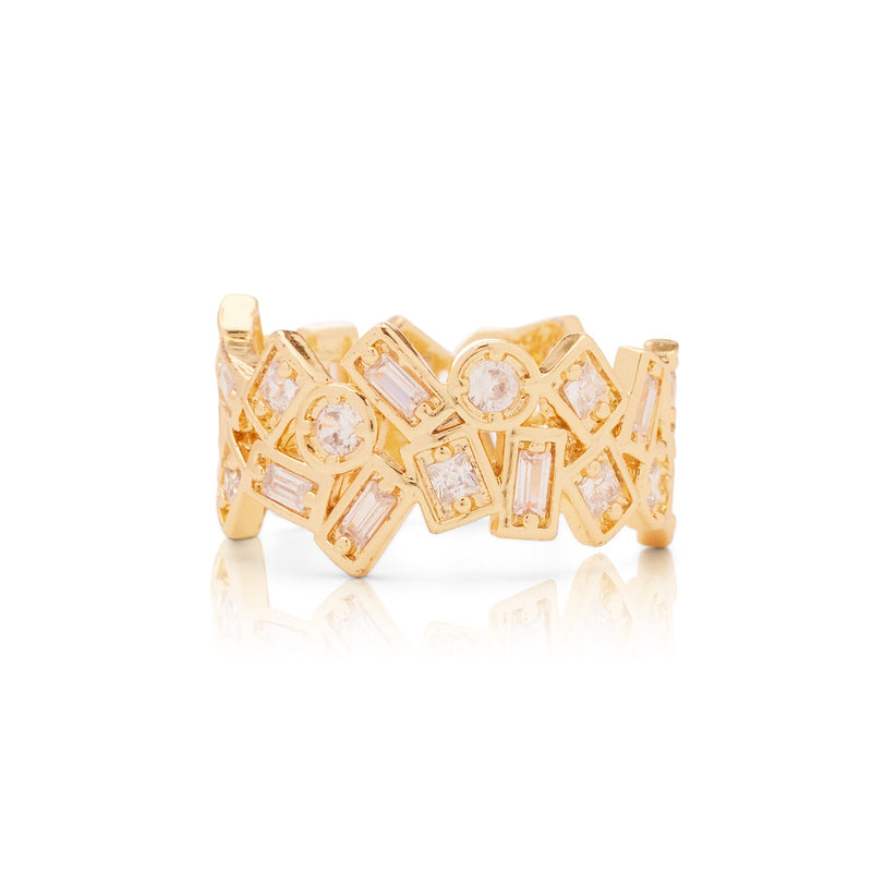 A gold-plated adjustable ring with multiple genuine CZ accents arranged in a patterned design.