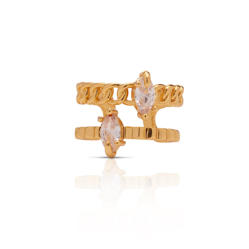 A gold-plated adjustable ring with multiple genuine CZ accents, presented against a white background.