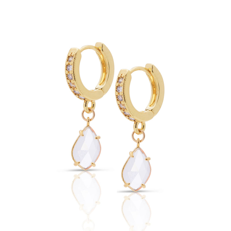 A pair of gold-plated hoop earrings with cubic zirconia accents and a teardrop pendant.