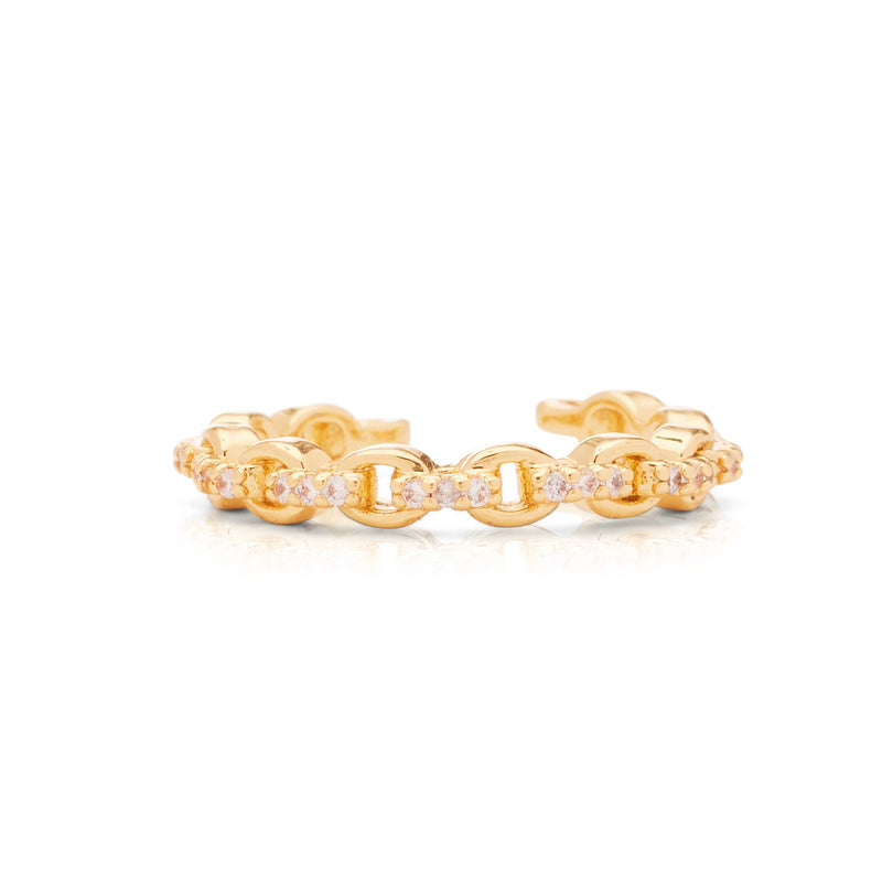 Gold-plated adjustable ring with genuine CZ accents, featuring a chain link design.